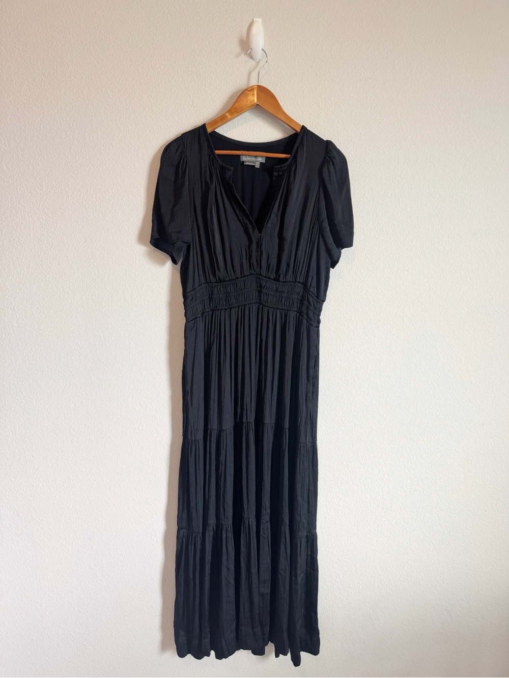 Anthropologie Black Satin Textured Somerset Maxi Split Neck Dress Size Large